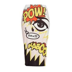 TOPSHOP Kaboom Pow Size 8 Stretch Pencil Skirt Comic Pop Art Rare Kitsch Fun